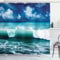 ABAKUHAUS Ozean Duschvorhang, Caribbean Marine Wellen, Stoffliches Gewebe Badezimmerdekorationsset mit Haken, 175 x 200 cm, Weiß Aqua Blau
