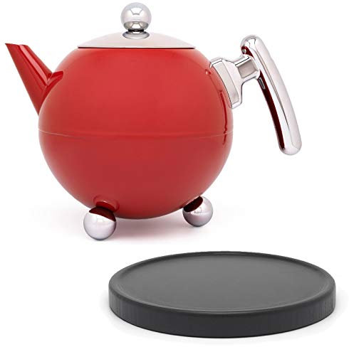 Bredemeijer Bella Ronde Edelstahl-Teekannen-Set 1,2 L – Doppelwandige Edelstahlkanne in Kugelform mit Füßen, rot – Mit schwarzem Untersetzer, ohne Siebeinsatz, ideal für Teebeutel & losen Tee