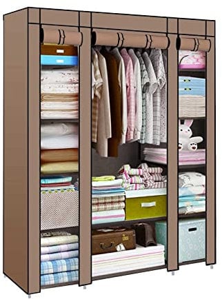 Trintion Fabric Canvas Wardrobe Cloth Wardrobes For Bedroom Clothes Storage Organiser with Hanging Rail Storage Cupboard Unit for Bedroom Living Room,Bedroom Storage, (Brown)