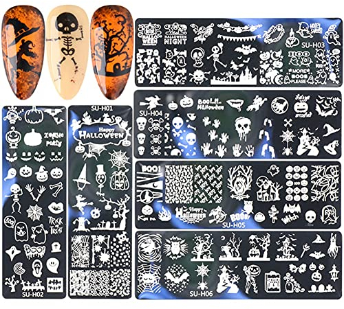 ISAKEN 6Pcs Nail Art Stamping Plate Halloween Nagelschablonen Edelstahl Nagel Stamping Plate Transfer Templates Nail Art Plates Nagelstempel Maniküre Tool Kit für Frauen Mädchen Halloween Dekoration