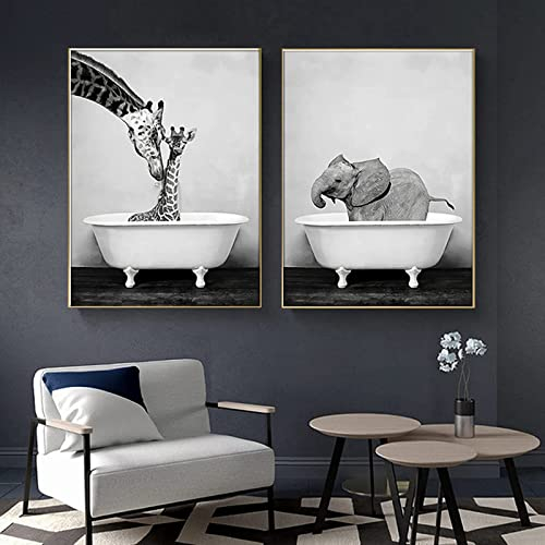 LXTOPN Wandbild Giraffe in der Badewanne Bilder,Lustige-Tierbild Giraffe Elefant Bad Leinwandbilder Malerei,Nordic Tiere Lustige Giraffe EIN Bad Poster Leinwandmalerei Kein Rahmen (40x50cm*2)