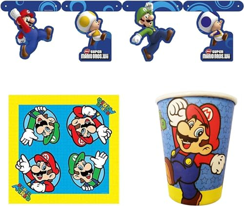 Toptoys2u Bargain Bundles Nintendo Super Mario Bros 3 Piece Party Set - 8 Paper Cups, 16 Napkins & 150cm Room Banner