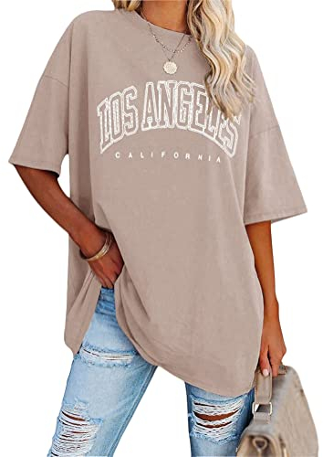 Tomwell Damen Los Angeles Brief T-Shirt Kurzarm Sport Sommer Rundhals Oversize Oberteile mit Buchstaben Druck Lose Bluse Vintage Tunika Lang für Teen Girls Top C Khaki L