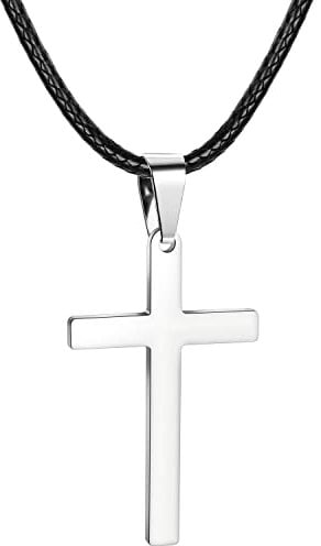 Roheafer Kreuz kette Herren Silber Halskette mit 46/51/56/61/66 Zentimeter Wasserfester Lederkette Edelstahl Jesus Kreuz Anhänger Halskette für Damen
