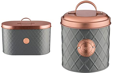 Typhoon Bread Bin, Stainless-Steel, Grey/Brown, 34 x 18.5 x 20 cm & Henrik Lid Sugar Storage Canister, Stainless-Steel, Grey/Copper, 10.5 x 10.5 x 19 cm, 1401.657