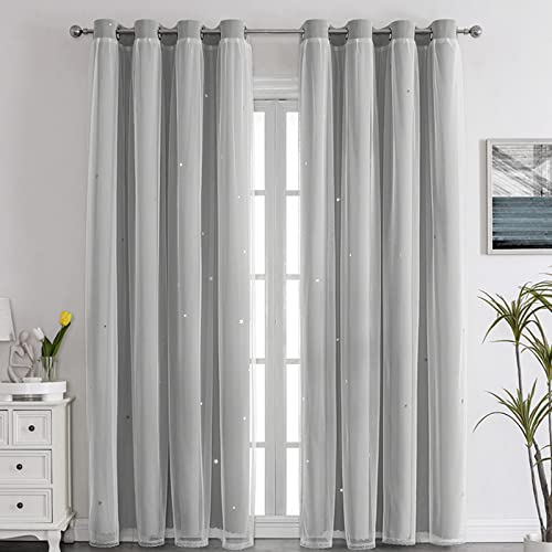 Nyescasa Verdunklungs Vorhänge Kinderzimmer Vorhang Doppellagige Gardienen mit Höhlen Sterne mit Voile Ösenschal für Wohnzimmer Schlafzimmer Mädchen Dekoschal 2er Set 244x132cm(H×B) Grau