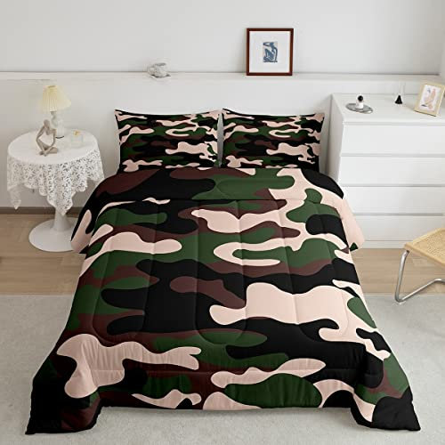 Feelyou Camouflage-Bettwäsche-Set in voller Größe, 3-teiliges Kinder-Bettwäsche-Set für Jungen, Mädchen, Teenager, 1 Bettdecke und 2 Kissenbezüge (voll, Armeegrün)
