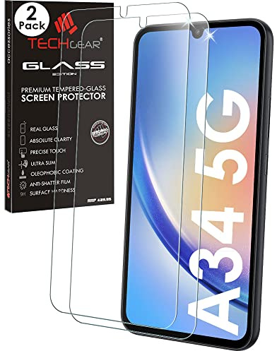 TECHGEAR 2 Pack GLASS Edition Compatible with Samsung Galaxy A34 5G, Tempered Glass Screen Protector Covers [2.5D Round Edge] [9H Hardness] [Crystal Clarity] [Scratch-Resistant] [No-Bubble]