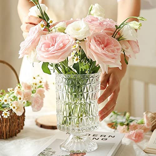 BLOFLO Geprägte Glasvase, 17,8 cm, Kristallglasvasen, Standfuß, großer Sockel, für Blumensträuße, Hydrokultur, für Zuhause, Büro, Hochzeit, Esstisch, Party (längliches Rhombus-Muster)