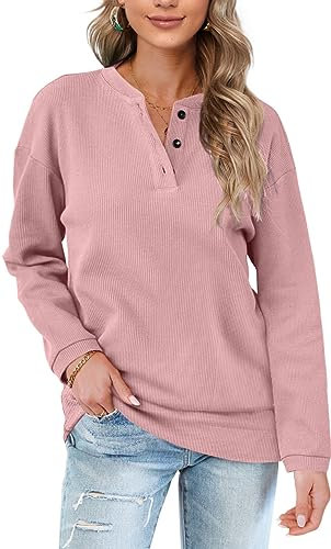 Aokosor Womens Long Sleeve Tops Ladies Loose Sweatshirts with Buttons Plain Jumpers Pink Size 22-24
