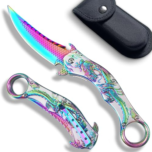 MADSMAUG Klappmesser, 60HRC 9Cr18Mo KLINGE Drache Klappmesser mit Scheide, coole bunt Taschenmesser Geschenk Edc Messer für Männer im Freien Überleben Camping (bunt)
