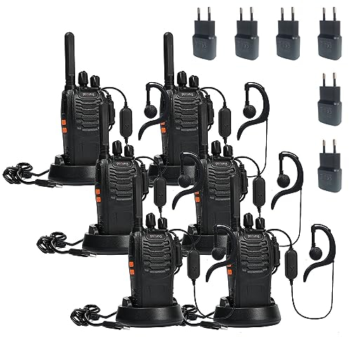 Walkie Talkie PMR446 lizenzfreies Zwei-Wege-Funkgerät, pofung PT88E 16 Kanäle Professionelle wiederaufladbare Walkie Talkies mit großer Reichweite mit EU-Ladegerät und Hörmuscheln Schwarz 6 Stück