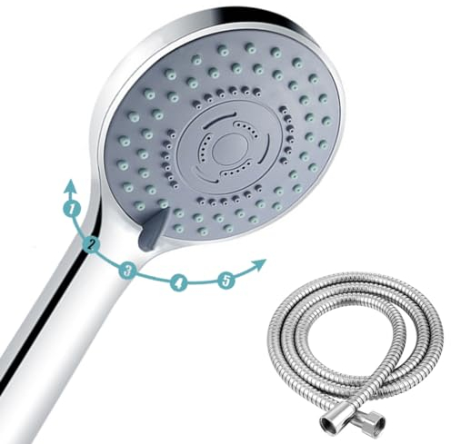 Alcachofa Ducha con Manguera y Soporte. Teléfono de Ducha con Flexo de 180 cm. Cabezal Manguera Baño Grande de 10 cm.. Mango de Ducha con 5 Modos de Chorros de Agua para Masaje y Ahorro (Modelo 2)