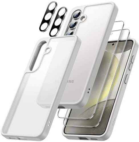 JETech 5 in 1 Matte Case for Samsung Galaxy S24 5G with 2-Pack Screen Protector and Camera Lens Protector, Translucent Back Protective Phone Cover, Tempered Glass Film (Silver)