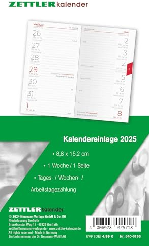 Zettler - Kalender-Ersatzeinlage 2025, 8,8x15,2cm, Ersatzeinlage für Taschenplaner Typ 540, in Folienverpackung, 1 Monat auf 1 Seite, Tages,- Wochen- und Arbeitstagezählung und deutsches Kalendarium