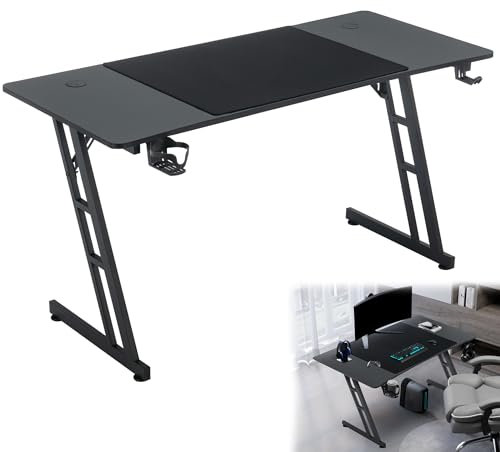 YRHome Gaming Tisch 120 x 60cm Gaming Schreibtisch Stabiler Computertisch PC Tisch Schwarz mit Getränkehalter & Kohlefaserbeschichtung 2 Öffnungen für Kabel Gamer Tisch Gaming Bürotisch-ohne LED