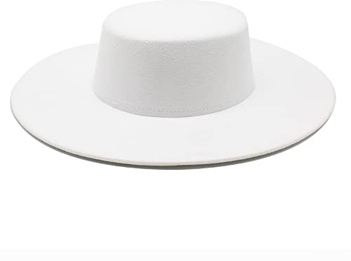 Bywenzai Männer Frauen Filz Top Hüte Fedora Panama Hüte Gepolsterte Zylinder Für Männer Und Frauen, Flache Hüte Aus Wollfilz Mit 10 cm Krempe, Filzhüte Mit Großer Krempe, Fedora M(56-58Cm) Weiß