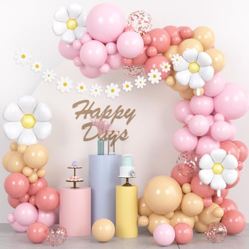 Gänseblümchen Geburtstag Luftballons Set, Pastell Luftballon Girlande Kit mit Blume Folienballon Banner, Retro Aprikose Rosa Party Ballons für Boho Hochzeit Baby Shower Geburtstag Jahrestag Verlobung