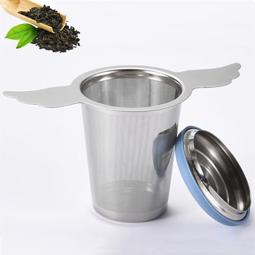 Teesieb für Losen Tee aus Rostfreier Edelstahl 18/8, Sehr Fein Sieb für Tee mit Deckel/Abtropfschale, Geräumiger Teefilter mit Breiter Doppelgriff für Teekanne/Tasse/Becher, Spülmaschinenfest