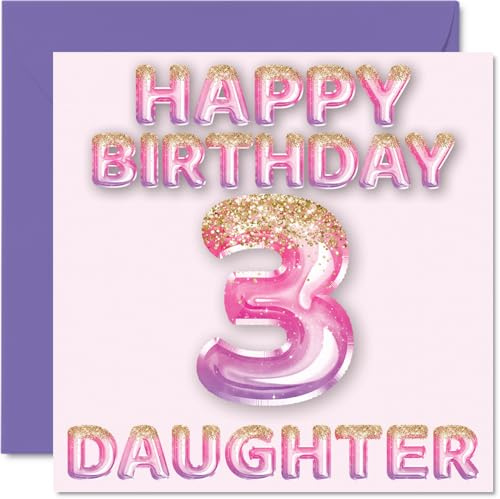 3rd Birthday Card for Daughter, Pink & Purple Glitter Balloons | Happy Birthday Cards for 3 Year Old Daughter from Mum or Dad Mummy Daddy Parents, 145mm Bday Greeting Cards Gift