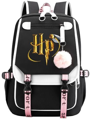 Lässiger Harry Magic Rucksack Goldener HP Druck Schultasche Kinder Mädchen Damen Jugend Kinder Reiserucksack Schwarz