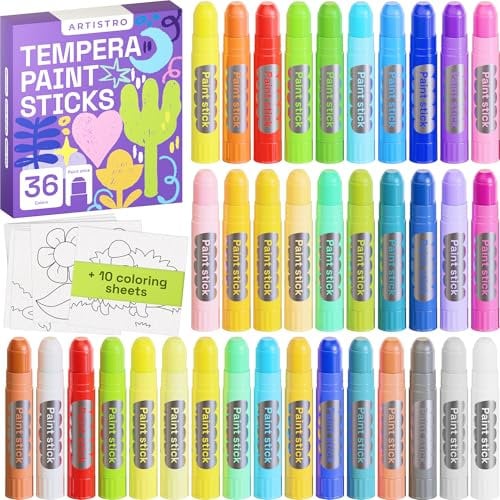 ARTISTRO 100% Washable Tempera Paint Sticks for Kids - 36 Non-toxic Paint Markers for Kids - Color Sticks with Twist Design, Coloring Pages Included