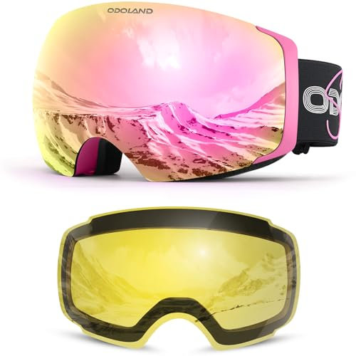Odoland OTG Ski Goggles Set with Detachable Lens, Frameless Magnetic Lens for Skiing Skating Snowboard, Anti-Fog and UV400 Protection Snow Goggles for Men and Women PP