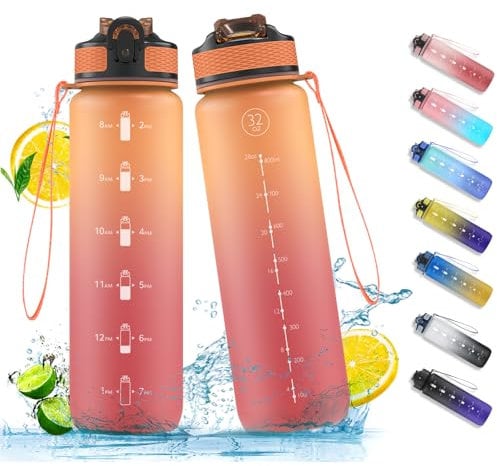 NAVTUE Water Bottle, 1L Sports Water Bottle with Straw, Time Markings, Leak Proof, Tritan BPA free for School/Cycling/Running (OrangeRed)