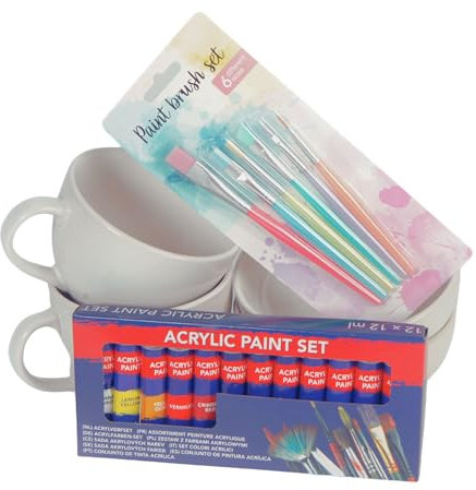 KunstSchmiede Keramik Bemalen Set für Erwachsene mit Tassen, Farben & Pinseln – Komplettes DIY Geschenk zum Selbstbemalen für Zuhause (2 Tassen u. 1 Schüssel)