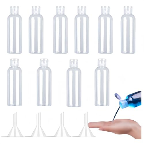 10-Pack 100ml Travel Bottles Set with 4 Funnels, Granmagazz TSA Approved Leak-Proof Refillable Toiletry Containers for Shampoo, Conditioner & Lotion, Empty Plastic Squeeze Bottles for Travel