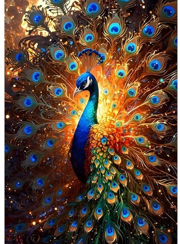 DAERLE Diamond Painting Kits für Erwachsene, Beleuchteter Pfau, 5D Pfau Diamant Malerei Set, DIY Diamantmalerei Basteln Bilder Arts als Geschenk für Home Wand Décor 30x40cm