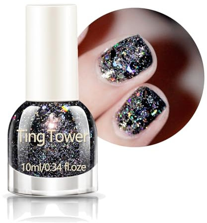 Glitter Nail Polish - Shimmering Black, Quick Dry, 7 Days Lasting Gel No Bake No Chip Breathable Varnish for Women Manicure Gift