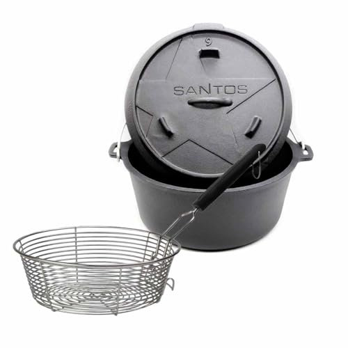 SANTOS Dutch Oven mit Deckel - inkl. Frittierkorb Ø 27,5 x9,5cm - 5,7 L/6 Qt Feuertopf - Gusseisen - ideal für Lagerfeuer, Feuerstelle, Kohle- oder Gas-Grill