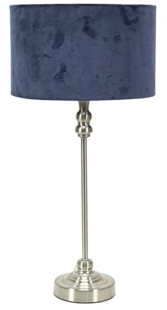 ValueLights | Brushed Chrome Metal Candlestick Table Lamp with Navy Blue Velvet Drum Shade Bedside Light | Table Lamps, Home Décor & Improvement Essential | Included LED Bulb