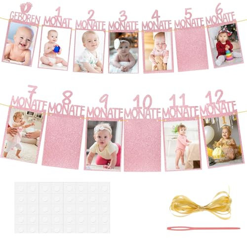RAMTRIO Ghirlanda di Compleanno 12 Mesi Album di Foto Porta Foto Festone Foto per Primo Compleanno 1 Anno per Bambini, Album di Foto per Appendere Foto Decorazione
