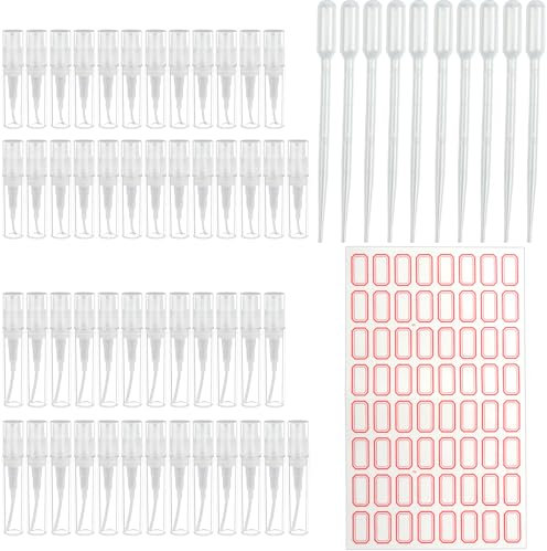 Roellgs 50 Pcs Mini Spray Atomizer Empty Bottles, Portable Mist Plastic Refillable Sample Bottle, Travel Spray Perfume Bottles with Atomizer Pump for Liquid Makeup Tool (3ml and 5ml)