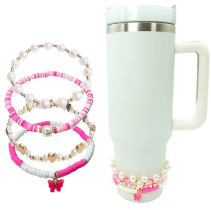 RENUIS Bracelets for Stanley Cup Accessories, 4Pcs Bracelet Stack Charms for Stanley 30oz & 40oz Tumbler with Handle, Delicate Beads Charm Attachments for Stanley Decorations (rose red)