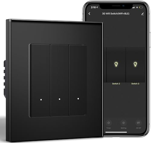 BSEEDLIFE Smart Lichtschalter Unterputz, 3-Fach 1-Weg WiFi Schalter, Intelligente Wandschalter für Smart Home, Kompatibel mit Alexa, Google Home(über Tuya/Smart Life App), Schwarz（86 * 86mm）