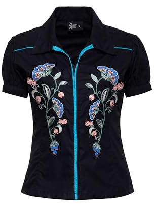 Queen Kerosin Damen Bluse · Western · Cowgirl · Blusenhemd · Bestickt · Kontrastnähte · Floral · Stickerei · Slim Fit · Paspel · Blumen · 50s · Vintage · Retro · Rockabella · Pin-up