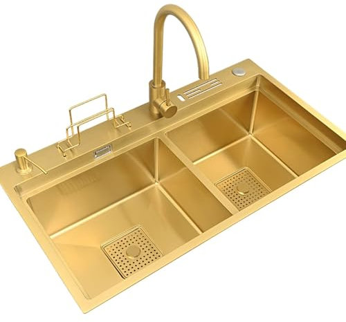 HUIBBGO Fregadero Grande de Acero Inoxidable de Doble cubeta con portacuchillos y Grifo - Acabado tecnológico, Dorado - 78 x 46 cm