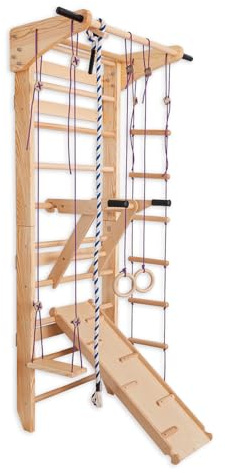 Sprossenwand Holz mit Rutsche & Schaukel - Indoor Klettergerüst für Kinder & Erwachsene - Turnwand mit Kletterbrett & Zubehör - Massiv bis 150kg (Beige)