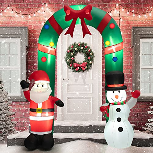 COSTWAY Arco di Natale Gonfiabile 245 cm, Decorazione Gonfiabile da Esterno con Babbo Natale e Pupazzo di Neve, con Luci LED Brillanti e Soffiatore Integrato, Decorazione di Benvenuto per Festa