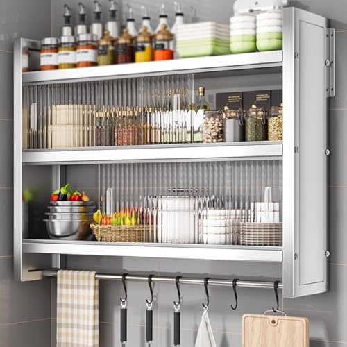 Tqertrtfxa Étagère Murale à épices Micro-ondable, étagère de Cuisine multifonctionnelle, Meuble de Rangement à Portes en INOX Anti-Perforation.(Third Floor,25 * 60cm/9.8 * 23.6in)