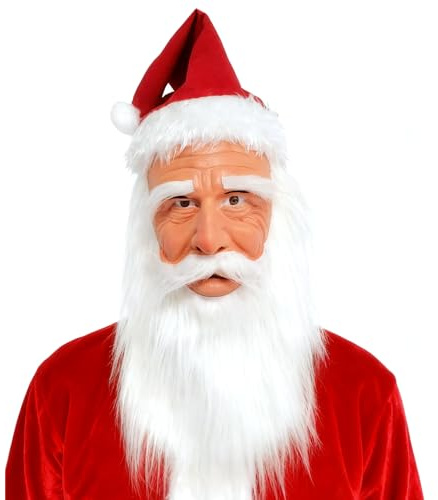 PILUZEAT Weihnachten Weihnachtsmann Maske mit bart Latex für Erwachsener Herren kostüm Lustig 3D-Universalmaske Lustig Neujahr Maskerade Cosplay Familienfeiern Thema Party