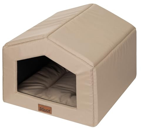 DOGGY Hundehütte – Hundehöhle mit Kissen - Winterfest Wasserdicht Wetterfester – Warm Hundehaus - Katzenhaus Für Draußen - Haustiere Kleine Hund Katze 55x59x34 cm - Beige