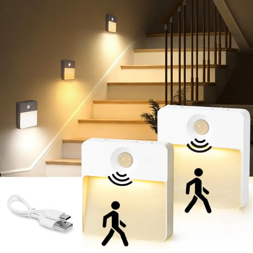 2 Stück Nachtlicht mit Bewegungsmelder, 3 Farben USB-C Aufladen Nachtlampe | Dimmbare LED Nachtlicht 3 Modi (AUTO/AUS/EIN) Treppenlichter für Schlafzimmer Gang Kinderzimmer Treppe Küchen