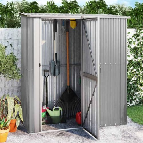 Hommdiy Geräteschuppen Grau 180,5x97x209,5 cm Verzinkter Stahl Geräteschuppen Gerätehaus Gartenhaus Garten Werkzeug Schuppen Lagerschuppen