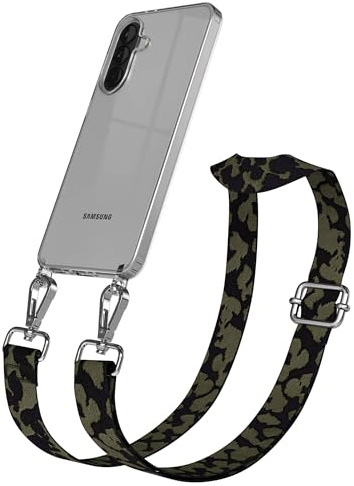 EAZY CASE Handykette - Verstellbares Taschenband kompatibel mit Galaxy A37, Schulterriemen, Handykordel mit Silikon Hülle, Umhängetasche, Dunkelgrün Camouflage Silber