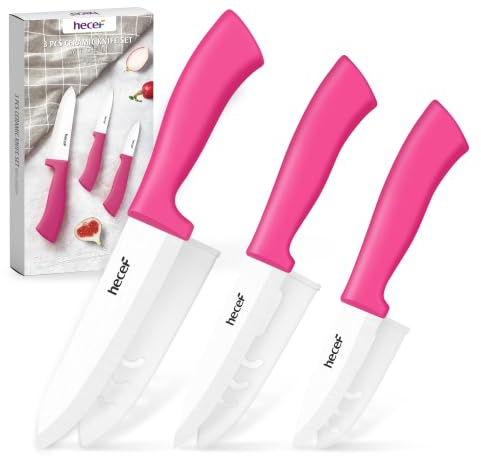 hecef 3 Piece Ceramic Knife Set - Chef Utility Paring Knives with Covers | Bubblegum pink set, ceramic knives with covers, fruit vegetable slicing, ergonomic non-slip handles