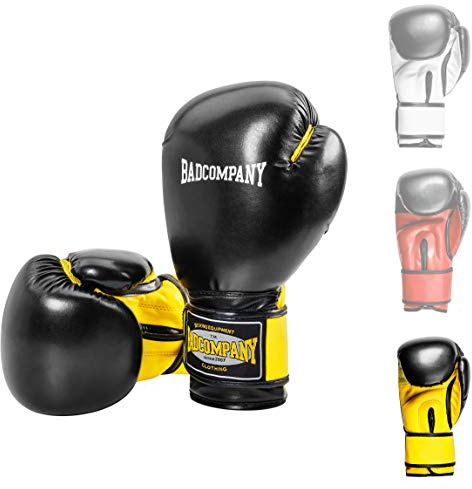 Bad Company Boxhandschuhe aus Kunstleder mit Belüftungssystem und breiter Box-Bandage mit Klettverschluss in verschiedenen Farbkombinationen für das Boxtraining, Sparring und Kickboxen I Gewichtsklassen 10 oz - 16 oz